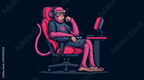 Pink primate sits in a gamer chair, wearing headphones, contemplating in front of a computer