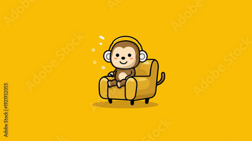 Cartoon-style illustration depicts a monkey wearing headphones seated on a couch, bubbles above