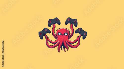 A red octopus illustration holding four video game controllers on a yellow background