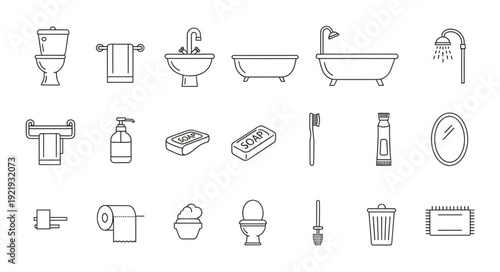 Collection of bathroom fixture icons in a simple line art style.