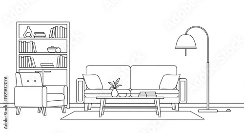 Minimalist living room sketch featuring a sofa, bookshelf, and floor lamp design.