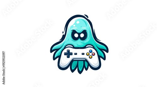 A cartoonish turquoise figure with black eyes and tentacles is holding a white gamepad