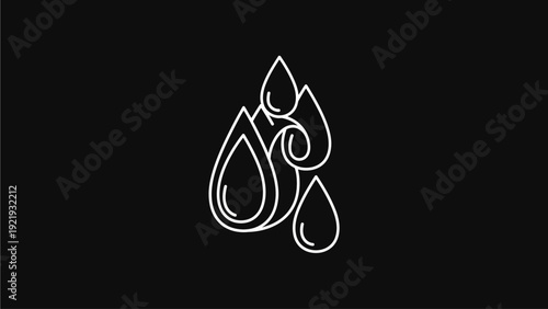 Elegant White Line Art Water Droplets with Organic Swirls Icon on Black Background, Minimalist Abstract Elemental Design