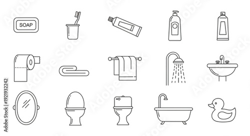 Collection of bathroom hygiene and cleaning items hand drawn sketch.