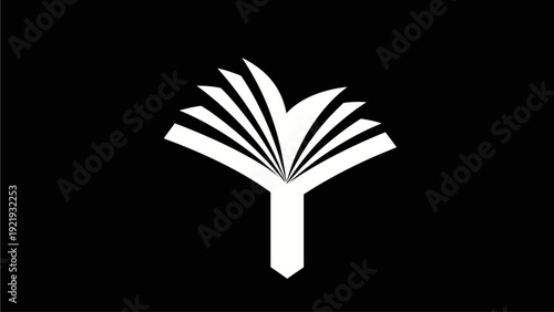 Abstract open book symbol graphic on black background. Stylized knowledge, education, learning, and wisdom icon for digital design.