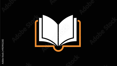 Clean vector icon of an open book with orange outline on black background, symbolizing knowledge, learning, and education.