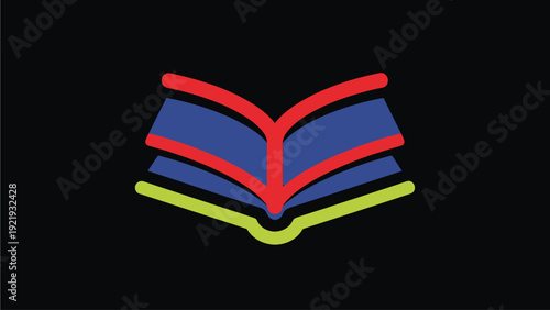 Colorful open book graphic icon on black background, symbolizing education, learning, knowledge, wisdom, and literature.