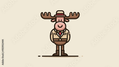 A friendly moose illustration, standing tall in a ranger outfit, with a hat and a red tie