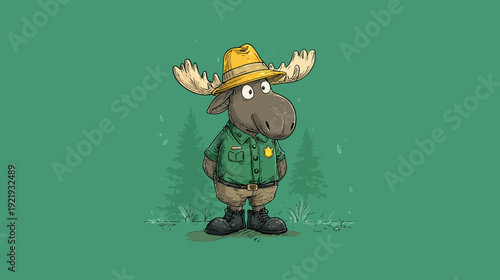 A cartoon moose, wearing a park ranger uniform and hat, stands against a green background