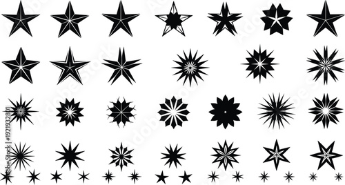 Collection of black star vector silhouettes featuring diverse geometric shapes, multi‑pointed designs, and intricate motifs, ideal for decorative artwork, branding, and creative graphic projects.