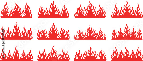 Collection of red flame vector icons with diverse shapes and patterns, perfect for fire symbols, heat graphics, energy design, and decorative artwork projects.