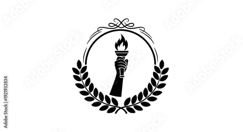 Torch with flame and laurel wreath.
