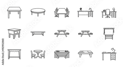 Collection of hand drawn table and desk illustrations.