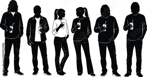 Black silhouette vector of people holding drinks with straws, showcasing casual conversation, relaxed social interaction, and lifestyle themes for design and creative projects.