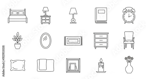 Collection of hand drawn furniture and home decor icons.