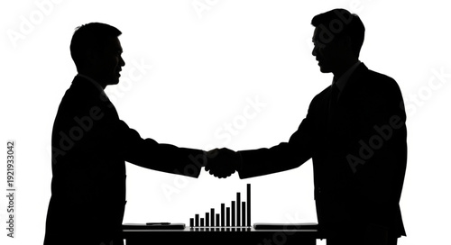 Two businessmen shaking hands over a table with a bar graph.