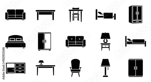 Collection of Black Furniture Icons on White Background.