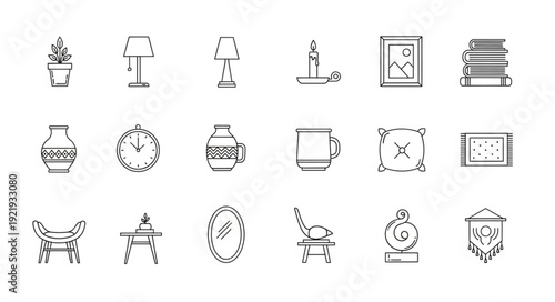 Collection of hand drawn furniture and home decor icons.