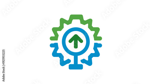 A gear-shaped emblem is composed of green, blue and white colors and has an arrow rising within a circle