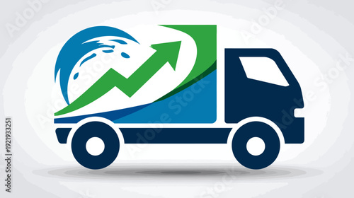 A stylized cargo truck with an abstract graphic of a rising green arrow and blue water