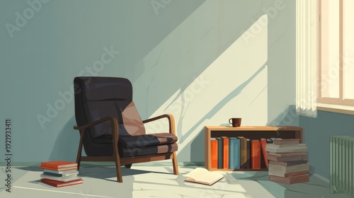 Cozy reading nook interior with armchair, stacked books and sunlight streaming through window for home decor poster, background and lifestyle design