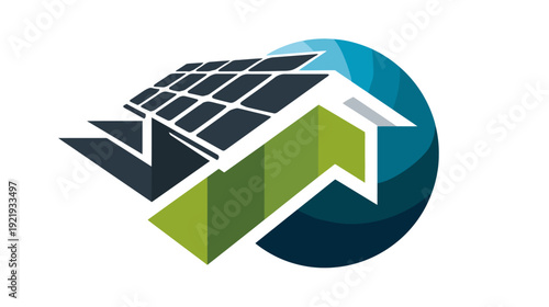 A geometric illustration featuring solar panels, an upward arrow, and a stylized globe