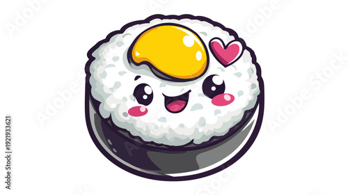 Adorable sushi roll character with an egg topping and a heart, smiling cheerfully