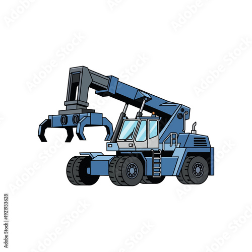 Large blue forestry machinery vehicle with claw on white background illustration