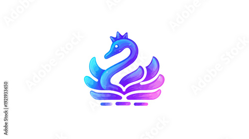 A stylized swan illustration, rendered in vibrant gradient hues, features a crown and ornate wing design