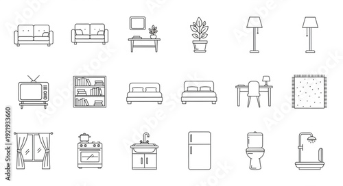 Collection of hand drawn furniture and home decor icons.