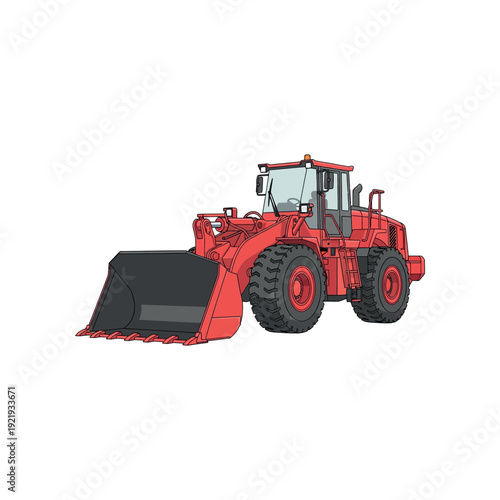 The red tractor is parked on a flat surface with its bucket lowered.