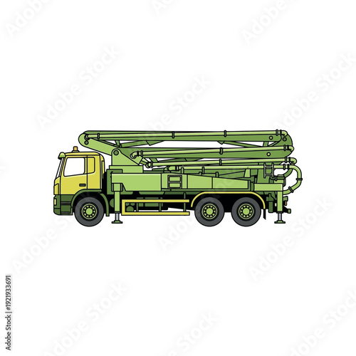 Concrete Pump Truck Illustration on White Background from Side View
