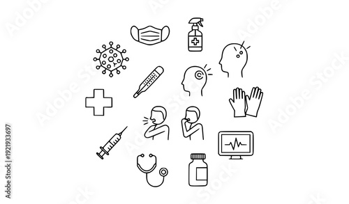 Medical Hygiene Line Icon Set with Virus Mask Thermometer Syringe and Healthcare Outline Symbols
