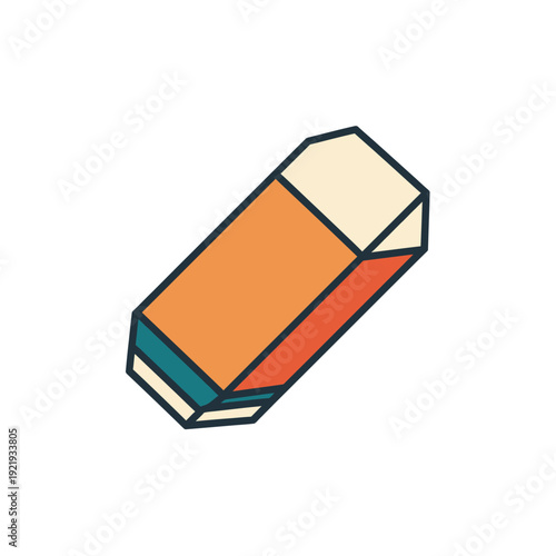 An angled, illustrated eraser with a dark outline and orange, teal, cream colors