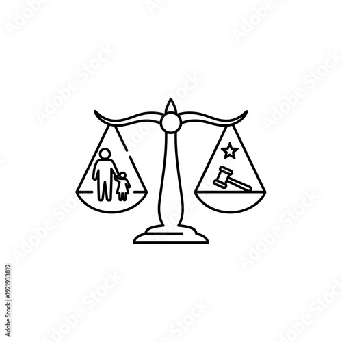 A balance scale graphic with a person/child on one side and a gavel/star on the other