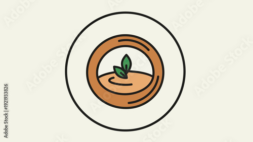 A stylized bowl of soup with a garnish on a plate, set against an off-white background