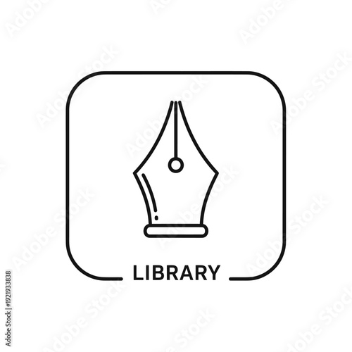 Simple icon of a fountain pen nib inside a rounded rectangle with "LIBRARY