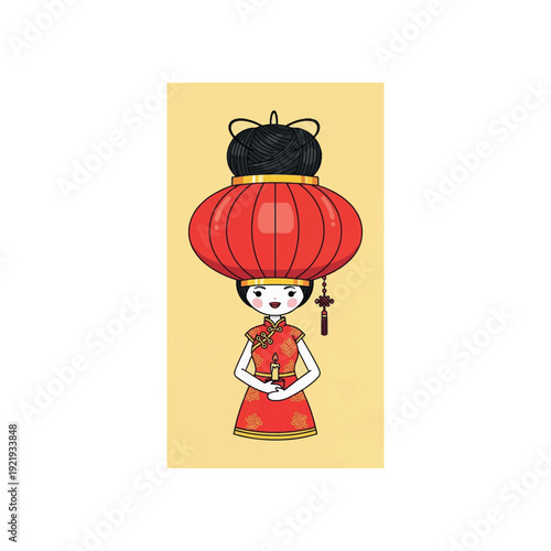 Cartoon girl in traditional dress holding large red lantern, illustration on pale yellow background