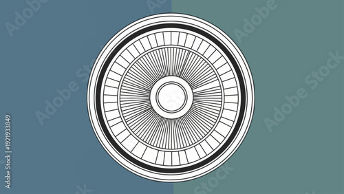 Graphic circular design in black and white, sectioned, against a split blue-green background