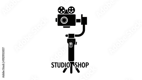 A black and white illustration of a vintage camera mounted on a tripod with text below