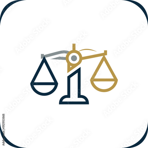 Minimalist scales of justice logo featuring dark blue, gold, and grey on white background