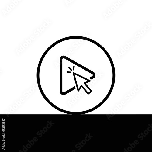 A black and white graphic showing a play button and a cursor in a circle