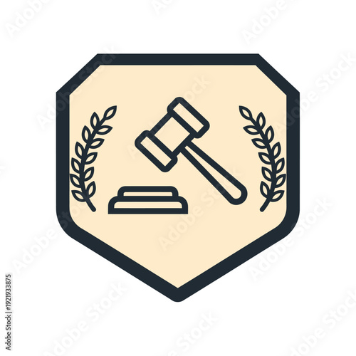 An emblem features a gavel over a block, framed by leaves within a shaped shield