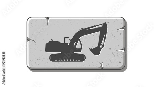 Silhouette of an excavator on a textured, rectangular stone, framed, with cracked edges