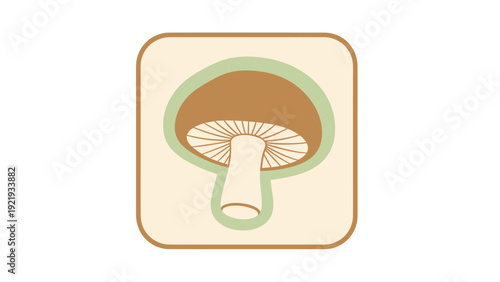 A stylized mushroom illustration within a rounded rectangle frame