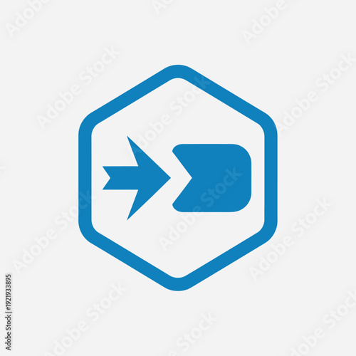 A blue arrow-like shape and a filled-in shape within a blue hexagon frame