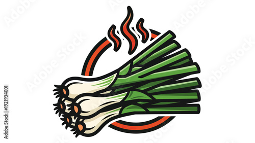 A vector illustration depicts scallions with flames above a circle