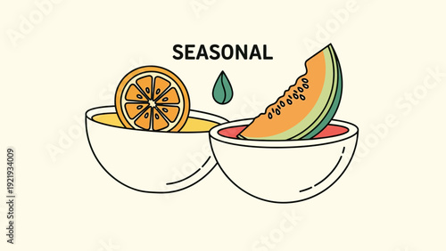 Illustration depicts "SEASONAL" with orange slice, a melon wedge in bowls, and a leaf