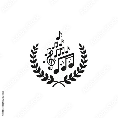 A musical emblem featuring music notes flowing inside a laurel wreath