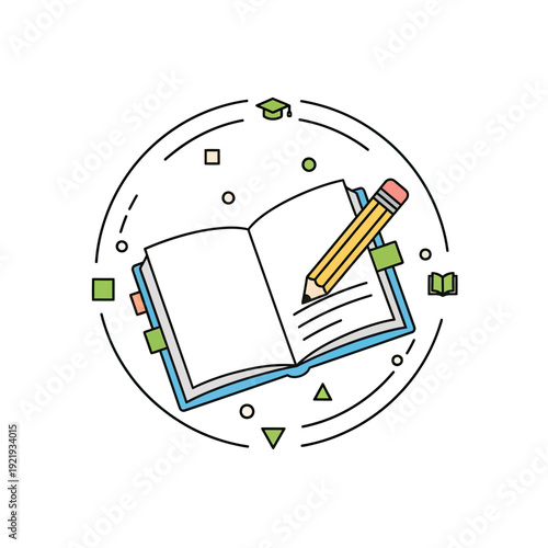 Vector-style illustration of an open book with a pencil, surrounded by educational symbols